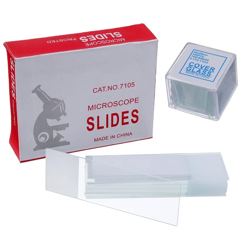 HUAREW 50 Pcs Ground Edge Pre-Cleaned Microscope Slides and 100 Pcs Pre-Cleaned Microscope Cover Glasses with 4 Plastic Droppers - Image 1